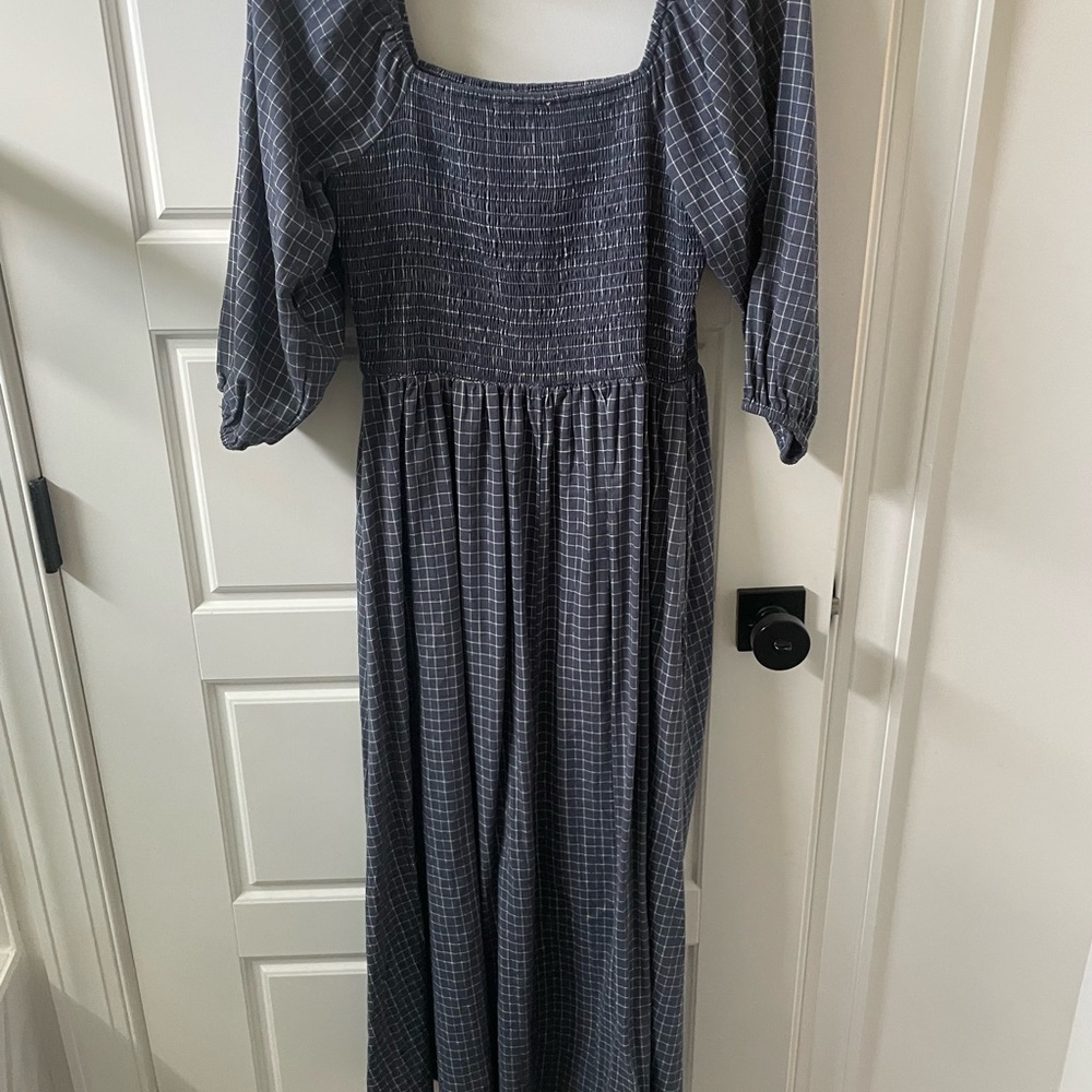 Blue Pleated Midi Sundress with Bishop Sleeves